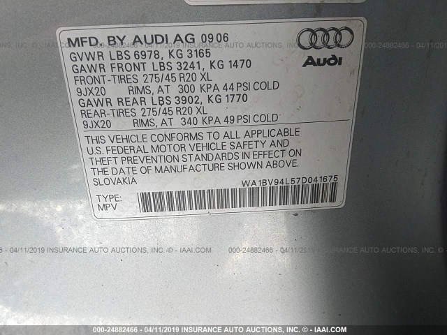 WA1BV94L57D041675 - 2007 AUDI Q7 4.2 QUATTRO PREMIUM SILVER photo 9