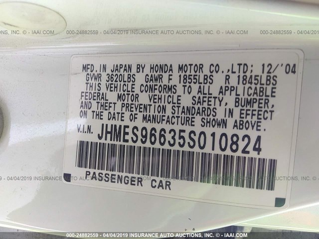 JHMES96635S010824 - 2005 HONDA CIVIC HYBRID WHITE photo 9