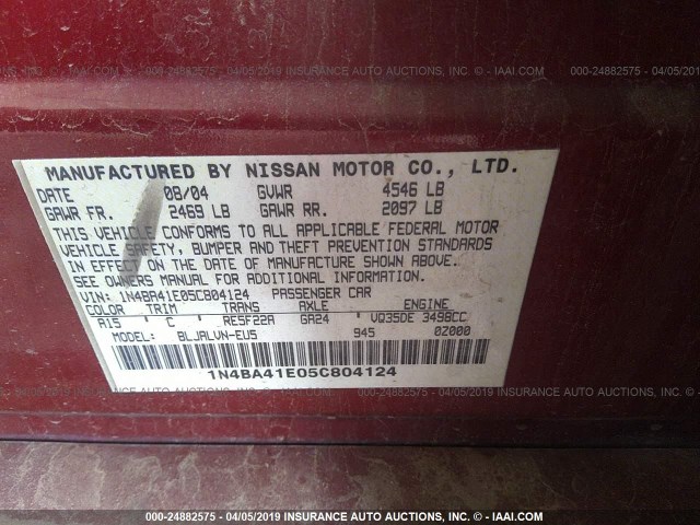 1N4BA41E05C804124 - 2005 NISSAN MAXIMA SE/SL MAROON photo 9