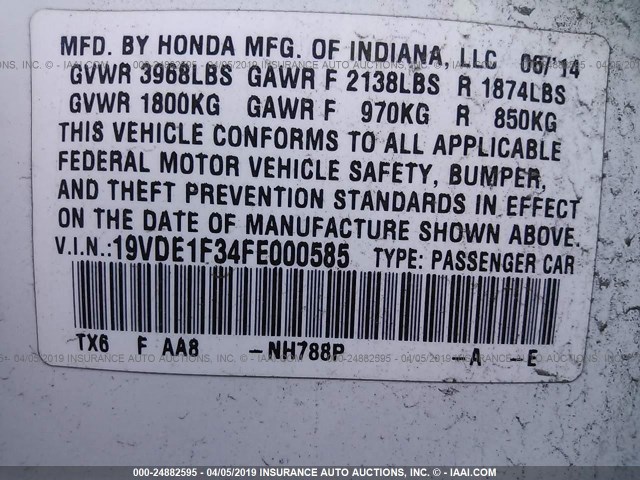 19VDE1F34FE000585 - 2015 ACURA ILX 20 WHITE photo 9