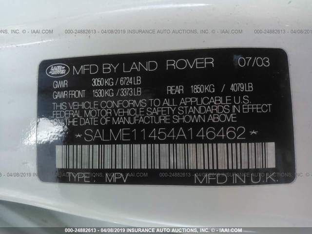 SALME11454A146462 - 2004 LAND ROVER RANGE ROVER HSE WHITE photo 9