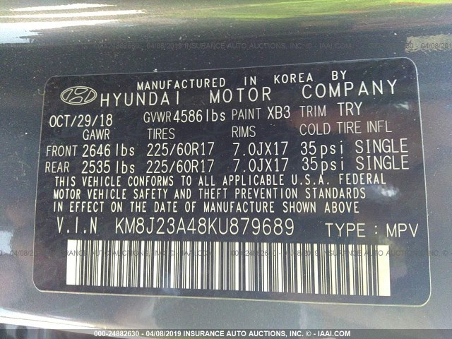 KM8J23A48KU879689 - 2019 HYUNDAI TUCSON GRAY photo 9