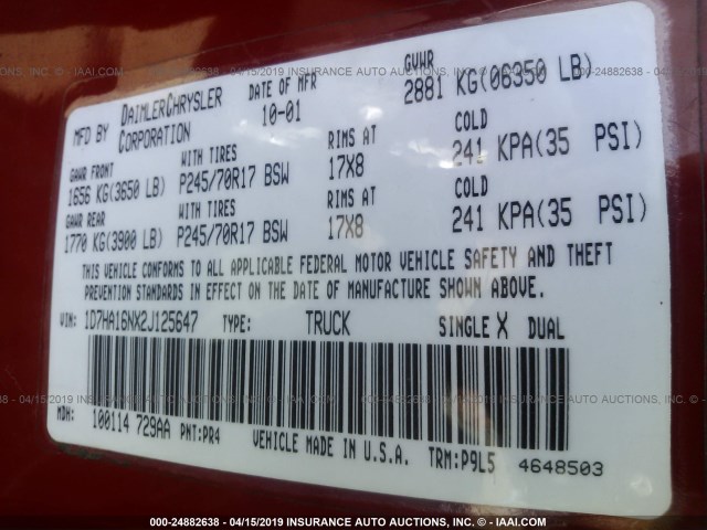 1D7HA16NX2J125647 - 2002 DODGE RAM 1500 წითელი ფოტო 9