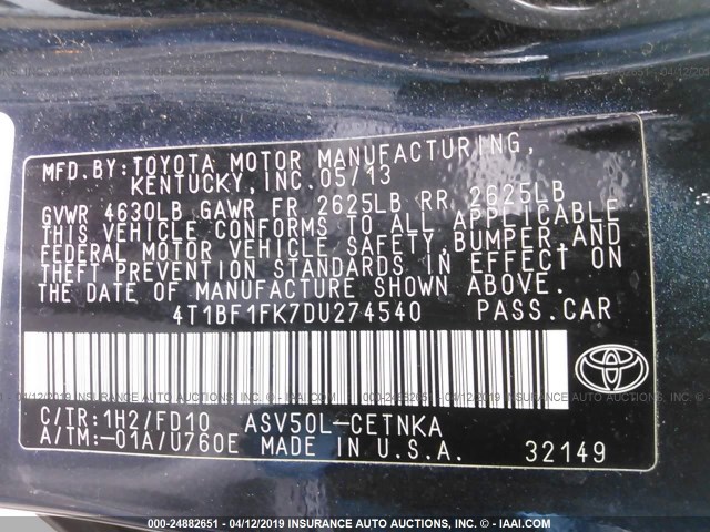 4T1BF1FK7DU274540 - 2013 TOYOTA CAMRY L/SE/LE/XLE 黑色 照片 9