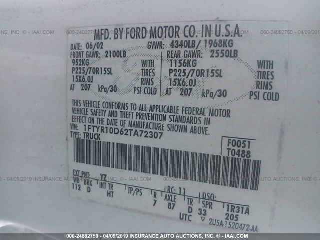 1FTYR10D62TA72307 - 2002 FORD RANGER WHITE photo 9