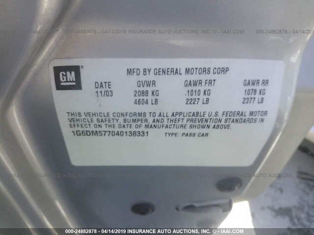 1G6DM577040138331 - 2004 CADILLAC CTS SILVER photo 9