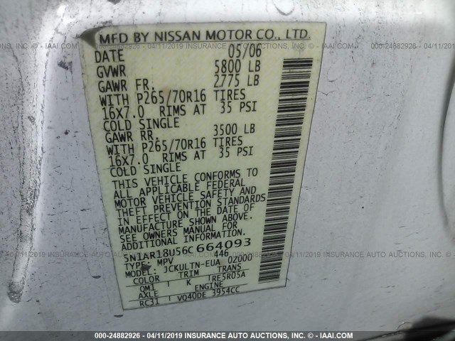 5N1AR18U56C664093 - 2006 NISSAN PATHFINDER LE/SE/XE WHITE photo 9