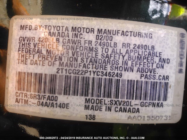 2T1CG22P1YC346249 - 2000 TOYOTA CAMRY SOLARA SE GREEN photo 9