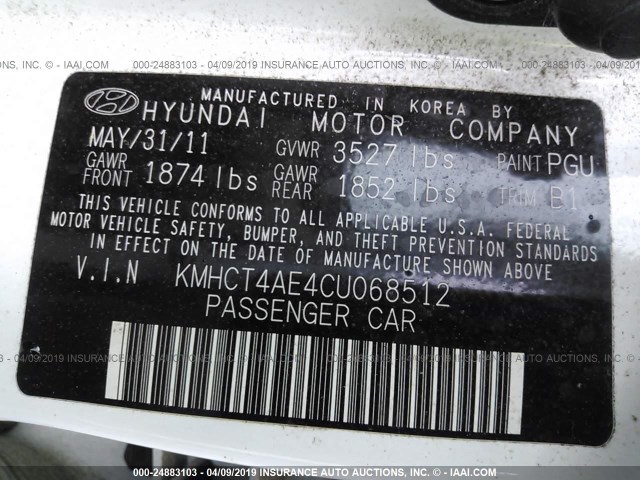 KMHCT4AE4CU068512 - 2012 HYUNDAI ACCENT GLS/GS WHITE photo 9