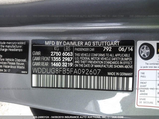 WDDUG8FB5FA092607 - 2015 MERCEDES-BENZ S 550 4MATIC GRAY photo 9