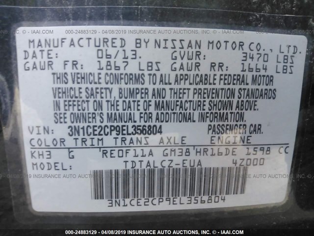 3N1CE2CP9EL356804 - 2014 NISSAN VERSA NOTE S/S PLUS/SV/SL BLACK photo 9