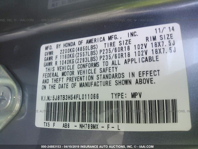 5J8TB3H54FL011066 - 2015 ACURA RDX TECHNOLOGY GRAY photo 9