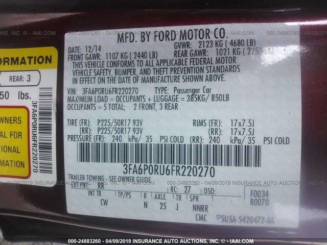 3FA6P0RU6FR220270 - 2015 FORD FUSION TITANIUM HEV RED photo 9