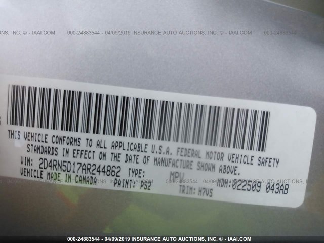 2D4RN5D17AR244862 - 2010 DODGE GRAND CARAVAN SXT SILVER photo 9