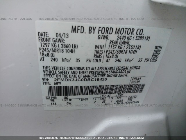 2FMDK3JC0DBC16436 - 2013 FORD EDGE SEL WHITE photo 9