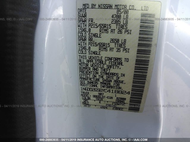 1N6DD26S6YC418824 - 2000 NISSAN FRONTIER KING CAB XE WHITE photo 9