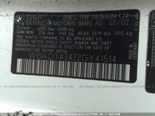 WBADT43472GY41514 - 2002 BMW 525 I AUTOMATIC Beyaz fotoğraf 9