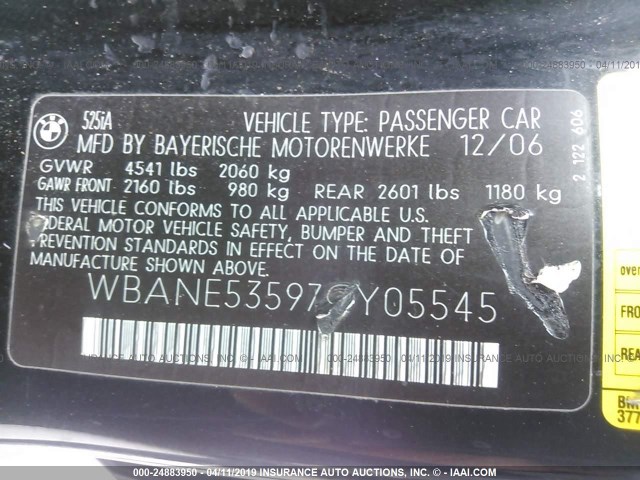 WBANE53597CY05545 - 2007 BMW 525 I BLACK photo 9