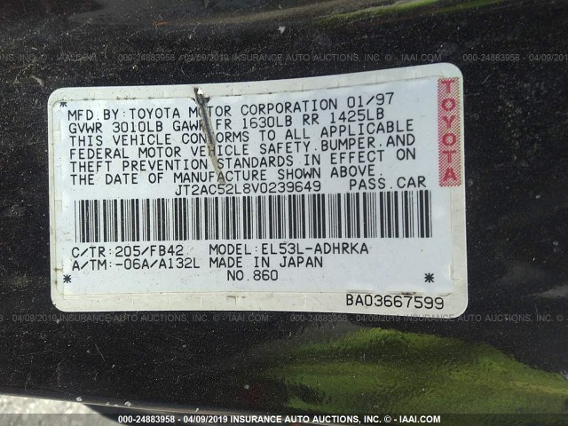 JT2AC52L8V0239649 - 1997 TOYOTA TERCEL CE BLACK photo 9