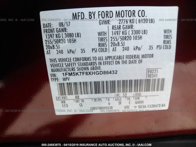 1FM5K7F8XHGD86432 - 2017 FORD EXPLORER LIMITED RED photo 9