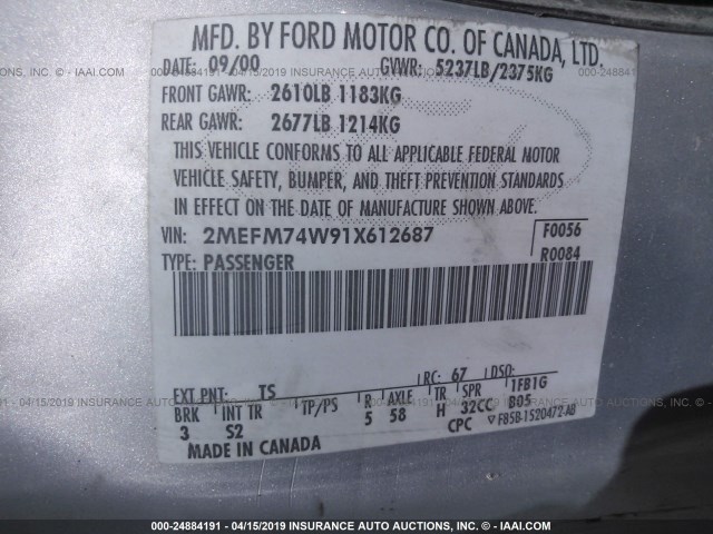 2MEFM74W91X612687 - 2001 MERCURY GRAND MARQUIS GS SILVER photo 9