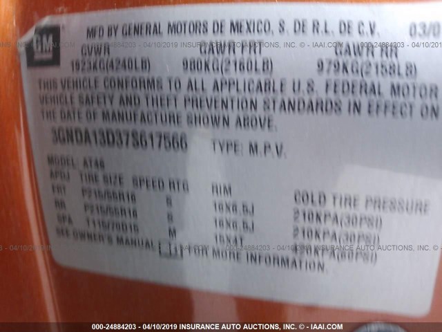 3GNDA13D37S617566 - 2007 CHEVROLET HHR LS Naranja foto 9