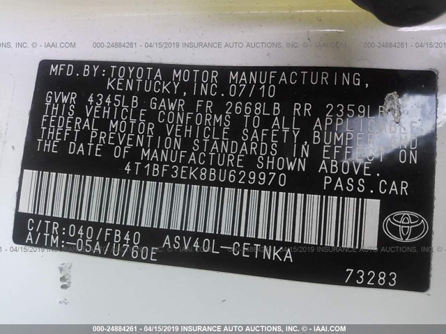 4T1BF3EK8BU629970 - 2011 TOYOTA CAMRY SE/LE/XLE WHITE photo 9