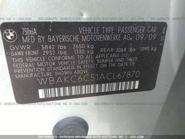 WBAKC6C51ACL67870 - 2010 BMW 750 I/XDRIVE SILVER photo 9