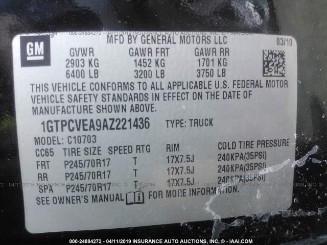 1GTPCVEA9AZ221436 - 2010 GMC SIERRA C1500 SLE BLACK photo 9