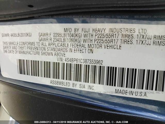 4S4BP61C387353962 - 2008 SUBARU OUTBACK 2.5I BLUE photo 9