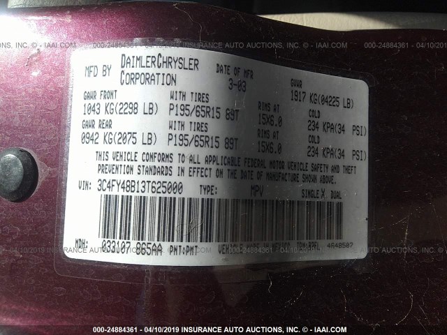 3C4FY48B13T625000 - 2003 CHRYSLER PT CRUISER CLASSIC PURPLE photo 9