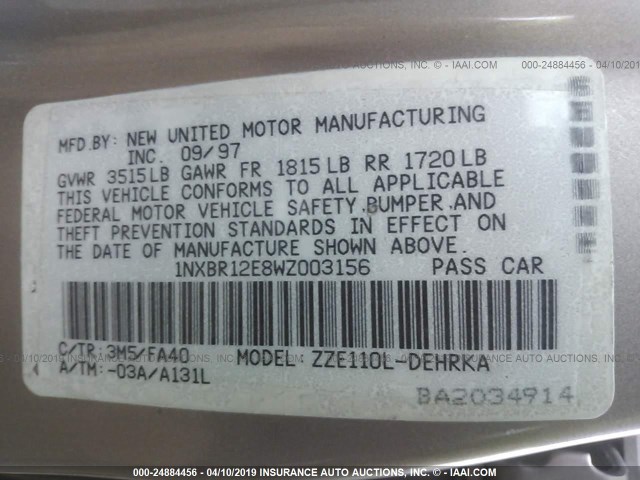 1NXBR12E8WZ003156 - 1998 TOYOTA COROLLA VE/CE/LE 棕色 照片 9