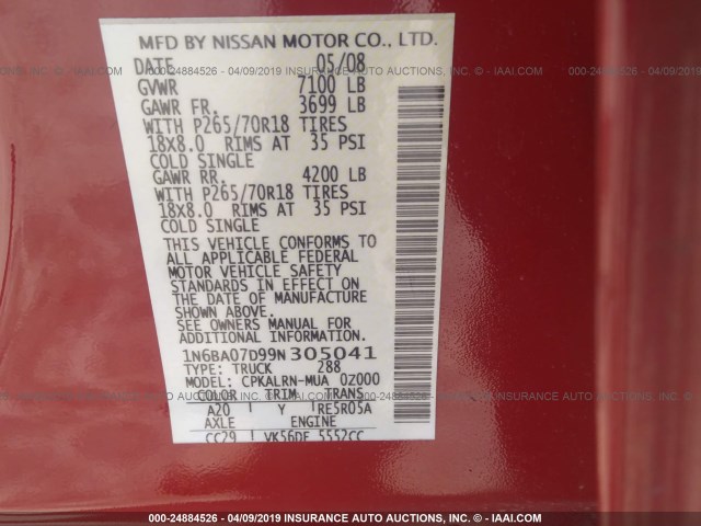 1N6BA07D99N305041 - 2009 NISSAN TITAN XE/SE/LE RED photo 9