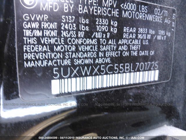 5UXWX5C55BL701725 - 2011 BMW X3 XDRIVE28I BLACK photo 9