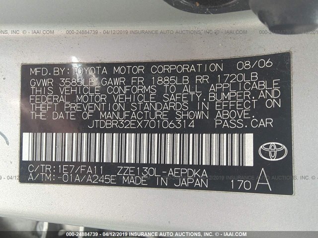 JTDBR32EX70106314 - 2007 TOYOTA COROLLA CE/LE/S SILVER photo 9