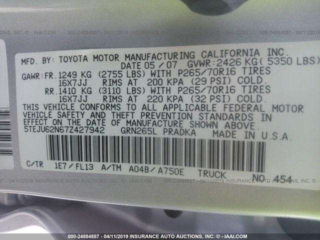 5TEJU62N67Z427942 - 2007 TOYOTA TACOMA DOUBLE CAB PRERUNNER SILVER photo 9
