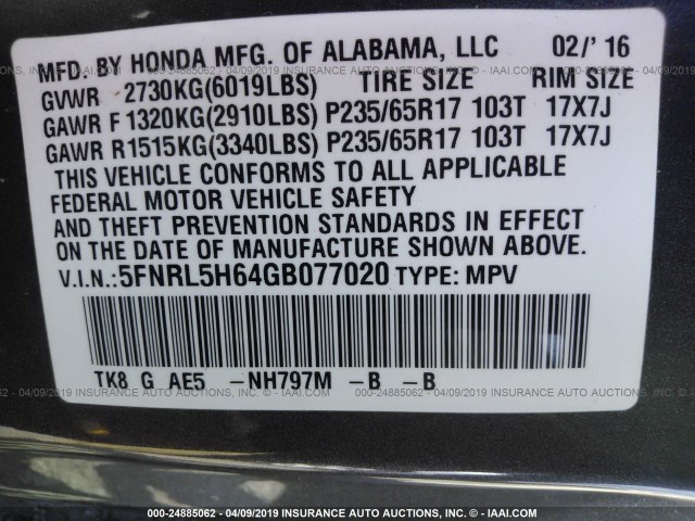 5FNRL5H64GB077020 - 2016 HONDA ODYSSEY EXL GRAY photo 9