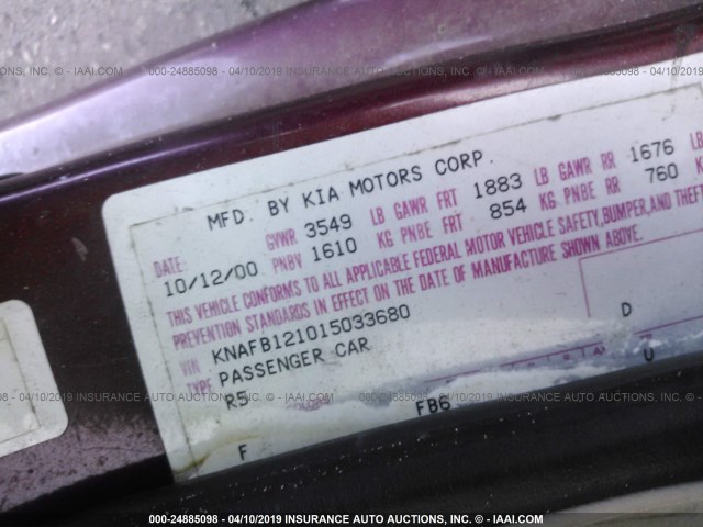 KNAFB121015033680 - 2001 KIA SEPHIA LS RED photo 9