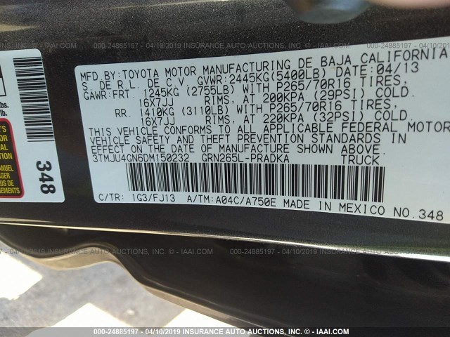 3TMJU4GN6DM150232 - 2013 TOYOTA TACOMA DOUBLE CAB PRERUNNER GRAY photo 9