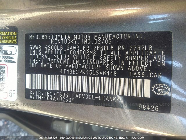 4T1BE32K15U546148 - 2005 TOYOTA CAMRY LE/XLE/SE GRAY photo 9