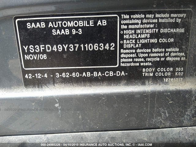 YS3FD49Y371106342 - 2007 SAAB 9-3 2.0T BLUE photo 9