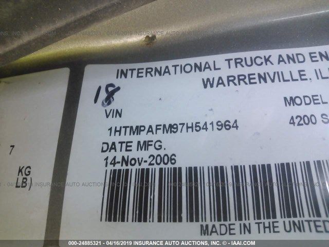 1HTMPAFM97H541964 - 2007 INTERNATIONAL 4000 4200 GRAY photo 9