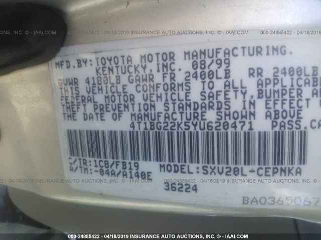 4T1BG22K5YU620471 - 2000 TOYOTA CAMRY CE/LE/XLE 银色 照片 9