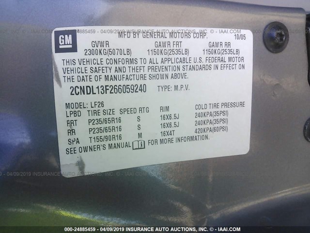 2CNDL13F266059240 - 2006 CHEVROLET EQUINOX LS GRAY photo 9