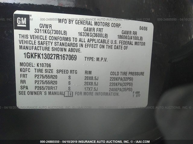 1GKFK13027R167069 - 2007 GMC YUKON BLACK photo 9