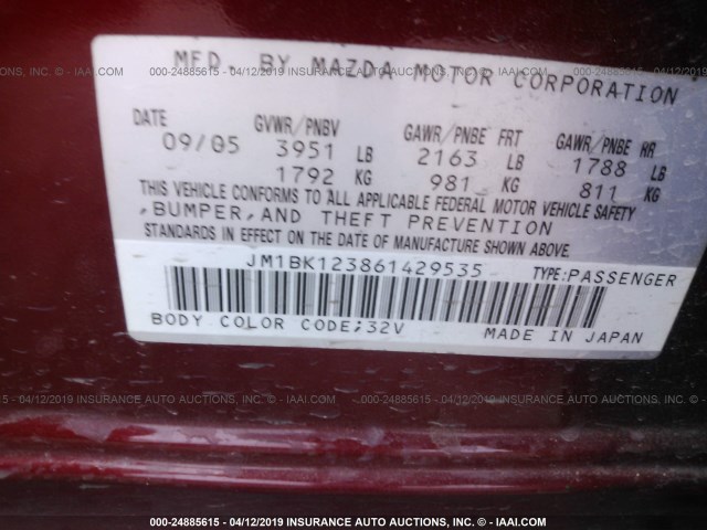 JM1BK123861429535 - 2006 MAZDA 3 S RED photo 9