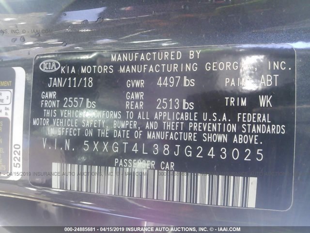 5XXGT4L38JG243025 - 2018 KIA OPTIMA LX/S GRAY photo 9