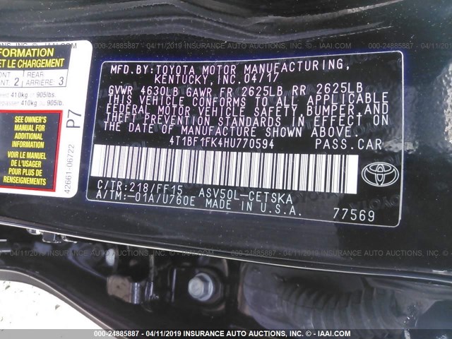 4T1BF1FK4HU770594 - 2017 TOYOTA CAMRY LE/XLE/SE/XSE BLACK photo 9