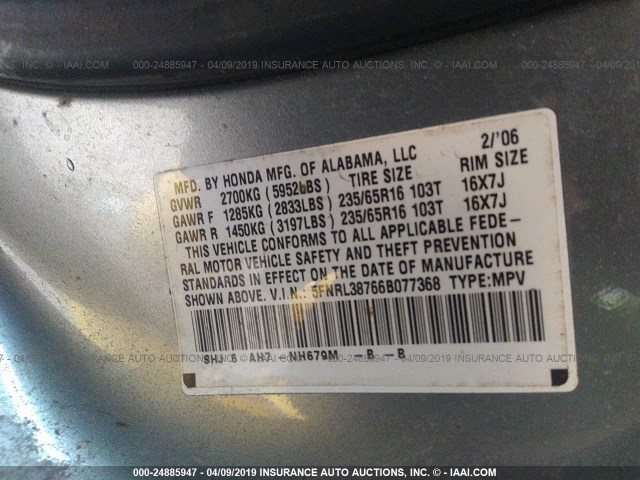 5FNRL38766B077368 - 2006 HONDA ODYSSEY EXL SILVER photo 9