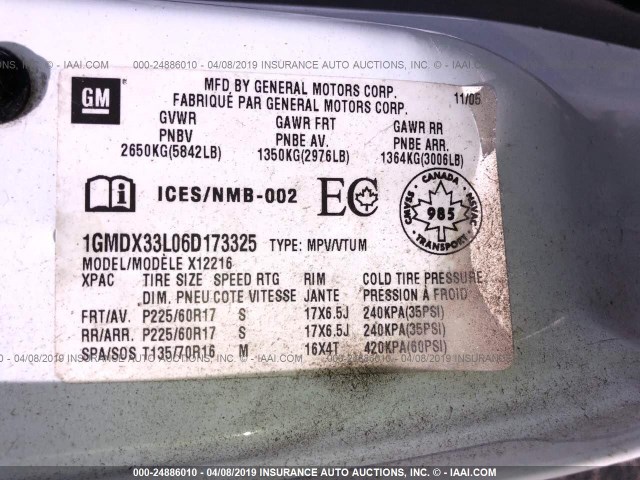 1GMDX33L06D173325 - 2006 PONTIAC MONTANA SV6 WHITE photo 9